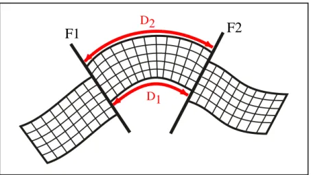 Fig. 3.3 : Calcul de distance dans une grille stratigraphique. Les distances D1 et D2 sont dif- dif-f´ erentes du point de vue g´ eographique mais sont ´ egales dans le rep` ere stratigraphique de la grille qui est align´ ee sur les failles F 1 et F 2 (Moy