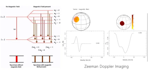 Figure 3.4: Left Zeeman line splitting . Right Zeeman Doppler Imaging. Based on J.-F. Donati’s images.