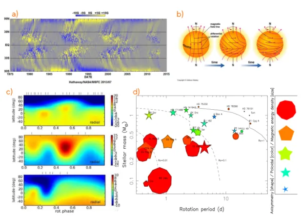 Figure 3.7: Magnetism of solar-type stars a) Synoptic magnetogram of the radial component of the solar surface magnetic field