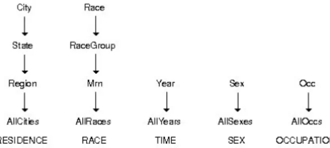 Figure 3.1: Roll-up orders for the five hierarchies in the CENSUS schema (Mrn stands for MajorRacesNumber)