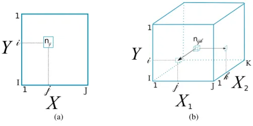Figure 2.1: Scheme of observed contingency tables crossing (a) two categorical variables Y and X and (b) three categorical variables Y, X 1 and X 2 .