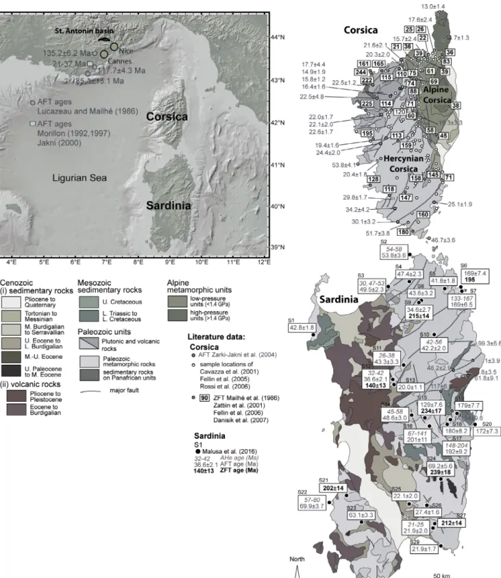 Fig. 9. Compilation of published bedrock apatite and zircon ﬁ ssion-track data of the Maures Esterel massif and the Corsica-Sardinia block