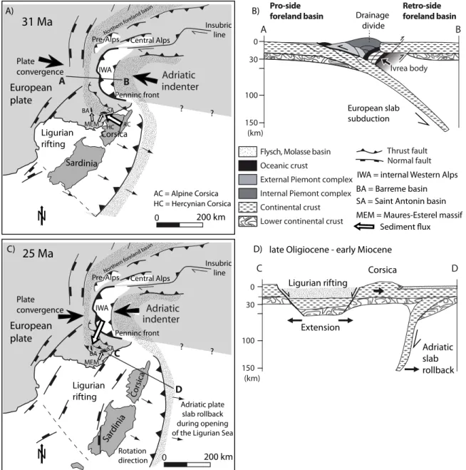 Fig. 12. Simpliﬁed paleogeographic model of the of the Western Alps south-eastern foreland basin with the Saint Antonin and Barrême basins at A-B) 31 Ma and about 25 Ma C-D) with respect to the rising internal Western Alps, opening of the Ligurian Sea and 