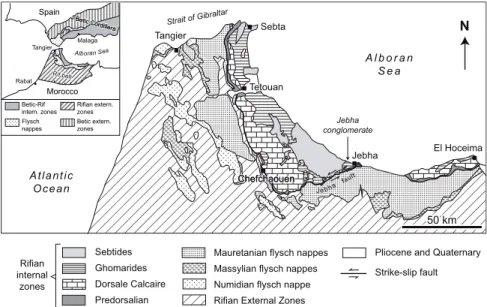 Fig. 1. Location of the Jebha conglomerate in the Internal Zones of the Rif chain.