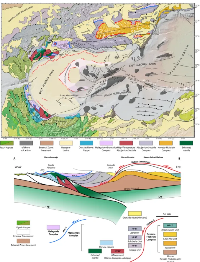 Fig. 2. Tectonic map of the Alboran Sea, the Betic Cordilleras and the Rif, compiled from Comas et al