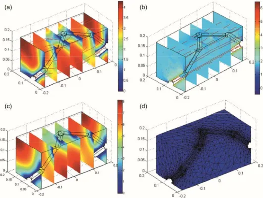 Figure 2.4. Asymptotic fields for 1/4 th  of the reconstructed foam sample period  R 1 : (a) low-frequency scaled velocity field  k 0xx*  [ 10 -9  m 2 ], (b) high-frequency  scaled velocity field  E x /    [-] for an external unit field  e x , (c) low-f