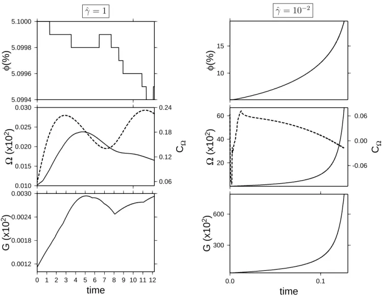 Figure 2. Maximum absolute values of porosity φ, vorticity Ω (solid lines of middle frames) and vorticity correlation function C Ω (dashed lines in middle frames), and maximum absolute dilation rate G versus time for the case shown in Fig