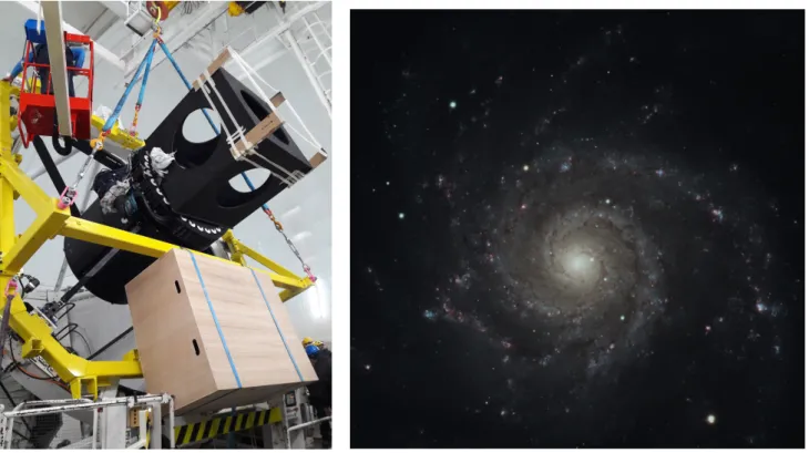 Figure 9: (left) The shape of things to come: top end with corrector, rotator and dummy positioner being installed on the telescope,  with boxes to show the space envelope of the transport boxes for the fibre cables and slit units