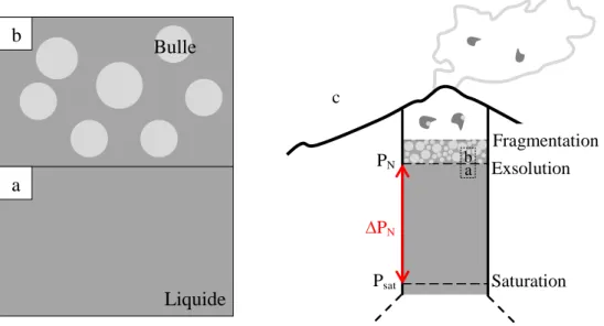Fig. i.4. Schémas illustrant la nucléation homogène des bulles de gaz à l’échelle du liquide silicaté (b)  et à l’échelle du conduit volcanique (c)