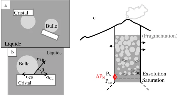 Fig. i.5. Schémas illustrant la nucléation hétérogène de bulles de gaz au sein du liquide silicaté (a) et  dans le conduit volcanique (c)
