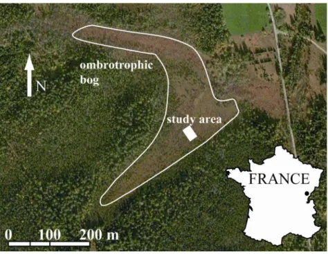 Figure  II.1:  Location  of  the  studied  area  within  Le  Forbonnet  ombrotrophic  bog  (Jura  Mountains, France)
