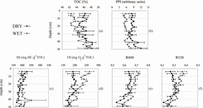 Figure  II.3:  Depth  evolution  of  (a)  Total  Organic  Carbon  (TOC,  %),  (b)  PyroPhosphate  Index (PPI, arbitrary units), (c) Hydrogen Index (HI, mg HC.g -1 TOC), (d) Oxygen Index (OI,  mg O2.g -1 TOC) and the two ratios calculated from Rock-Eval pyr