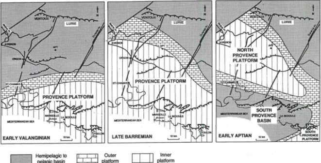 Figure 6. Cartes paléogéographiques correspondant aux phases principales de l’évolution de la plateforme  carbonatée (Masse, 1993)