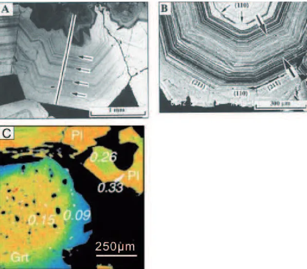 Fig. 1-6: (A) Back scattered electron (BSE) image showing andradite-rich garnet (light) growing  epitaxially on preexisting more grossular-rich core (dark)
