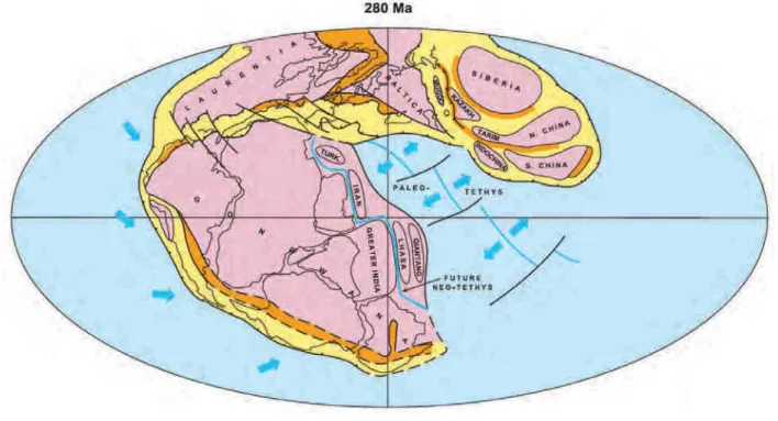 Figure  B1.  Assemblage  au  Permien  des  principaux  continents  montrant  l’extension  des  chaînes  Paléozoïques