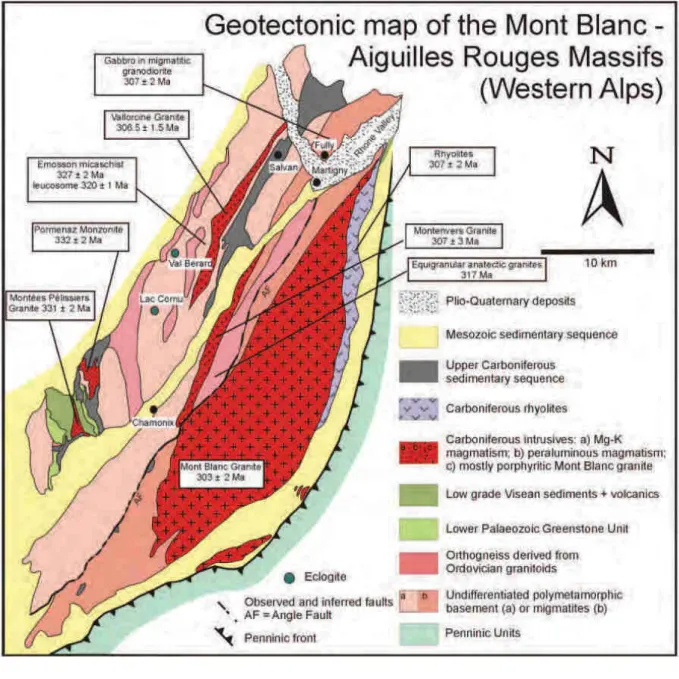 Figure  B17.  Carte  géologique  simplifiée  du  Massif  des  Aiguilles  Rouges-  Mont  Blanc