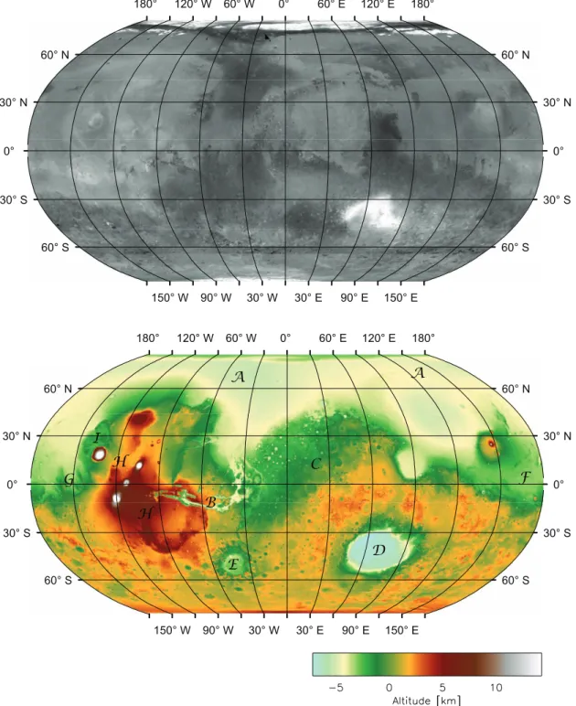 Fig. 1.1: En haut, une mosaïque d'images de l'albédo visible de la surface réalisées par la caméra MOC