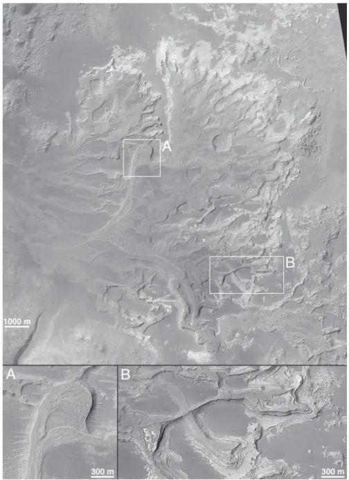 Fig. 1.4: Delta dans le cratère Holden. La gure principale est une mosaïque d'images de Mars Orbiter Camera (MOC) M18-00020, E14-01039, E17-01341, E18-00401,  E21-01153, E21-00454, E22-01159, E23-00003, R06-00726, R08-01104, and R09-01067.