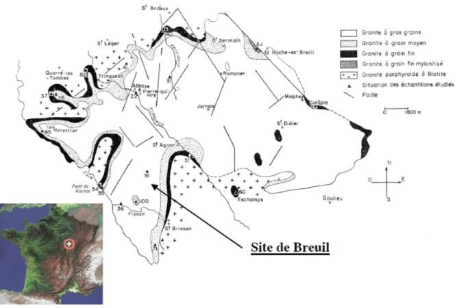 Figure I-1 : localisation et carte géologique (Dejou, 1966) du site expérimental de la forêt de Breuil- Breuil-Chenue