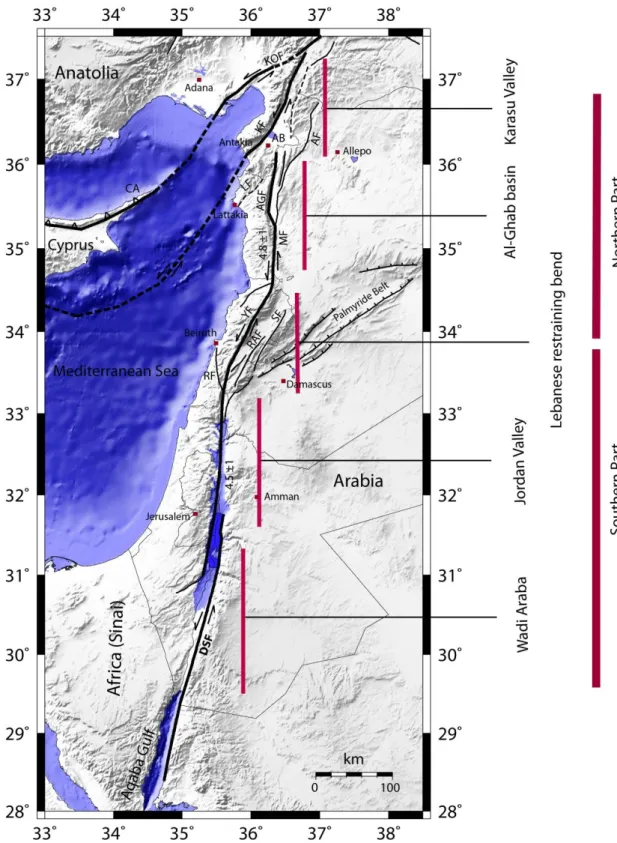 Figure  ‎ I.1:  The  Dead  Sea  fault  segments,  Fault  mapping  and  slip  rates  from  (Khair  et  al.,  2000; 