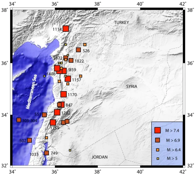 Figure  ‎ I.3:  Map  of  historical  seismicity  in  Lebanon,  Syria  and  southern  Turkey  with  magnitude  greater than 5 from 37 A.D