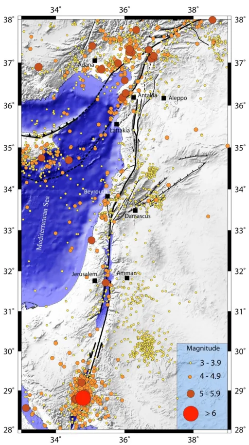 Figure  ‎ I.4:  Instrumental  seismicity  of  the  Dead  Sea  fault  between  1964  and  2011,  M&gt;3