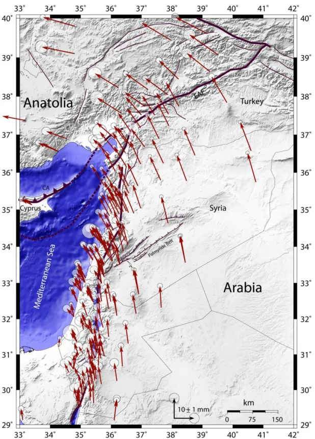 Figure  ‎ I.6:  GPS  Horizontal  velocity  field  and  the  95%  confidence  ellipses  obtained  by  previous  campaigns  in  the  Eastern  Mediterranean  region  with  respect  to  the  Eurasia-fixe  reference  frame