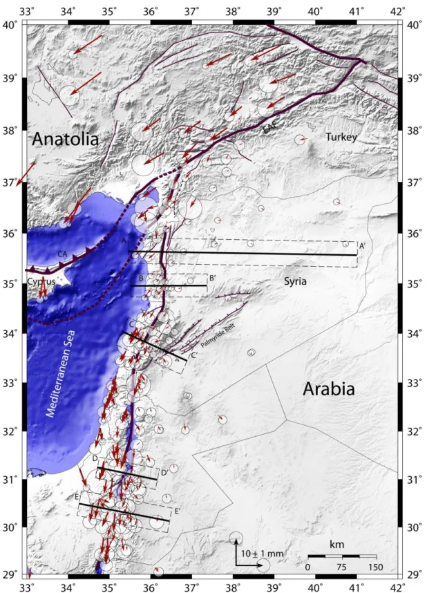 Figure  ‎ I.7:  GPS  Horizontal  velocity  field  and  the  95%  confidence  ellipses  obtained  by  previous  campaigns  in  the  Eastern  Mediterranean  region  with  respect  to  the  Arabia-fixe  reference  frame