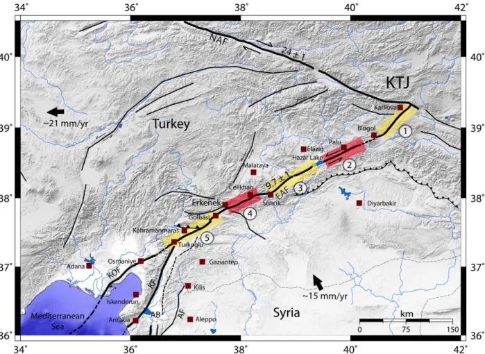 Figure  ‎ II.1: The East Anatolian fault segments, fault mapping and slip rates from  (Westaway, 2003; 