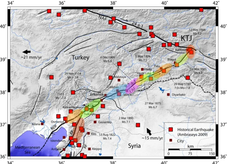 Figure  ‎ II.2: Distribution of earthquakes along and  around the East  Anatolian Fault before 1900 for  which  historical  data  allowed  the  assessment  of  magnitude  Ms  ≥  6.5