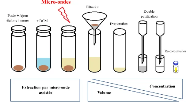 Figure 31 : Schéma simplifié des étapes d'extraction des HAPs des matrices solides 