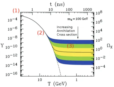 Figure 1.4: Evolution of WIMPs density.The comoving number density Y (left) and resulting thermal relic density (right) of a 100 GeV, P-wave annihilating dark matter particle as a function of temperature T (bottom) and time t (top)