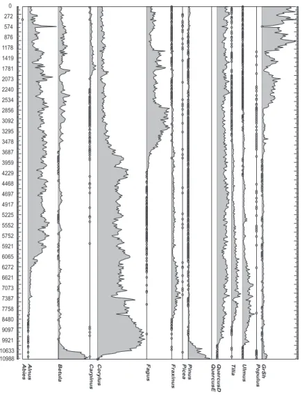 Figure 2.2: Pollen diagram from the Meerfelder Maar sediment core. (x -axis) The fifteen pollen groups defined in Table 3.1 are given as percentages (over the fifteen groups) and (y-axis) the age is in calendar years Before Present (BP, refers to before 19