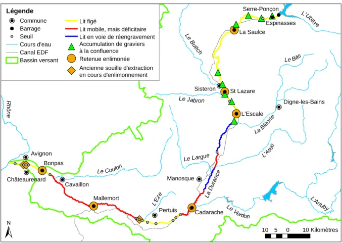 Figure 1.22 : Fonctionnement morphologique de la Durance, d’après le Contrat de Rivière du Val de Durance [Couvert et al