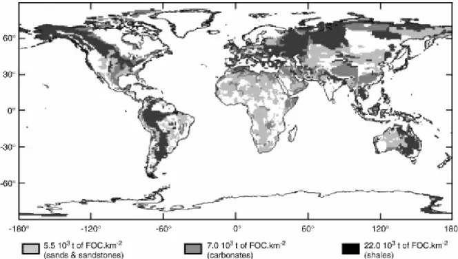 Fig. 2. Estimated storage (× 10 3  t km − 2 ) of FOC in the first meter of sedimentary rock for the  entire continental surface