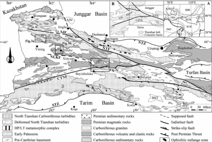 Fig. 1. Simplified geological map of the Western Tianshan Belt showing the localities of the main tectonic  boundaries (modified from XBGMR, 1992)