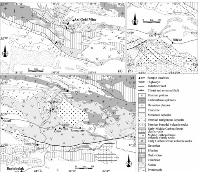Fig. 3. Geological maps of (a) the Axi section, (b) the Northern Nileke section and (c) the Nalati–Gongnaisi–