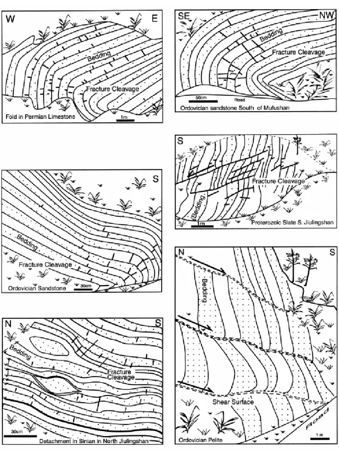 Fig. 5. Examples of folded and sheared Proterozoic and Paleozoic rocks on both limbs of the Jiulingshan  anticline (redrawn from pictures)