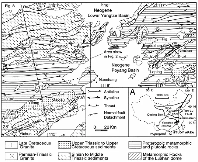 Fig. 1. General structural map of the Jiulingshan massif in North Jiangxi Province. A