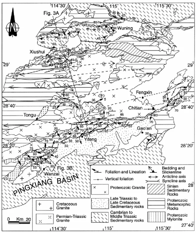 Fig. 2. Structural map of the western part of the Jiulingshan massif (west of Nanchang)