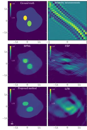 Fig. 2. Simulated data and their reconstruction. From left to right: (top) the cell-like phantom and its associated noiseless intensity measurements;