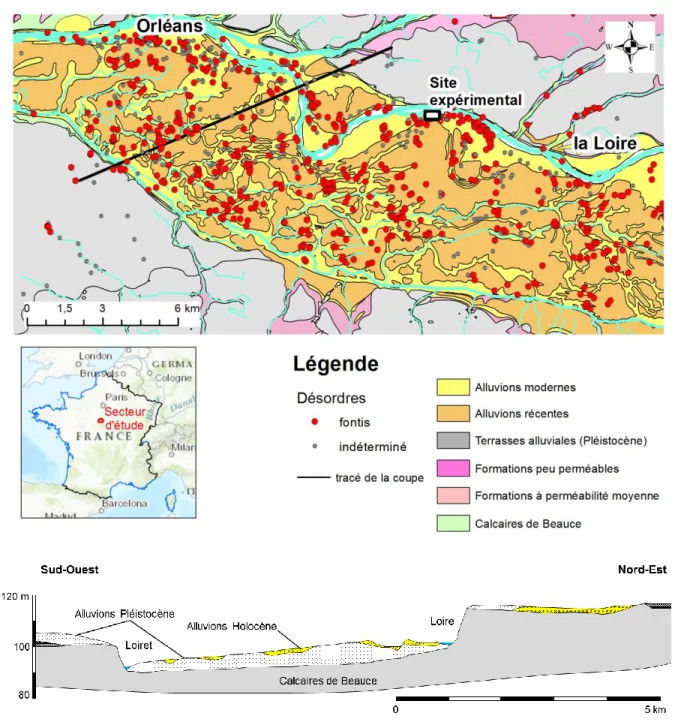 Figure 1. Carte de la zone d’étude, situation du site expérimental et coupe géologique à  travers le Val