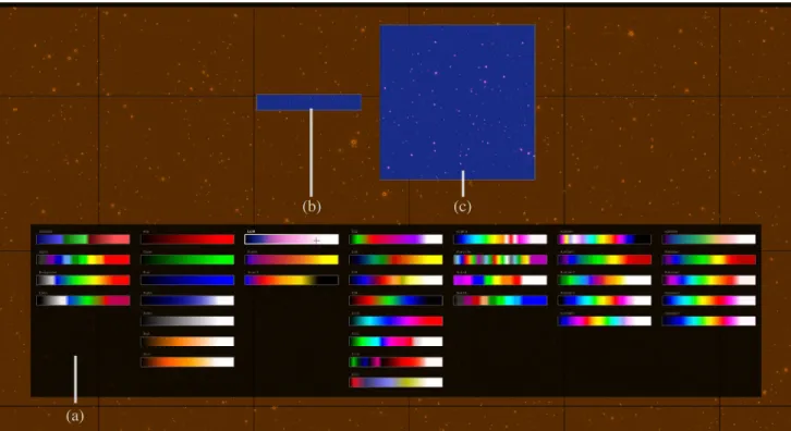 Figure 3. Color lookup table selector (a) with previews of the new selection applied to a thumbnail of the entire multi-scale FITS image (b) and to a 1:1 close-up on a region of the image (c).