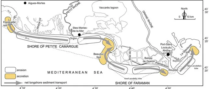 Fig. 0.4 : Organisation du transport sédimentaire par la dérive littorale le long du delta du Rhône (modifié d’après Sabatier et Suanez, 2003).