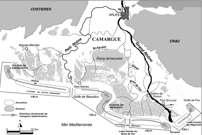 Fig. 2.7 : Synthèse des dynamiques affectant la plaine deltaïque et le littoral (d'après Vella, 1999 ; Sabatier et Suanez, 2003).