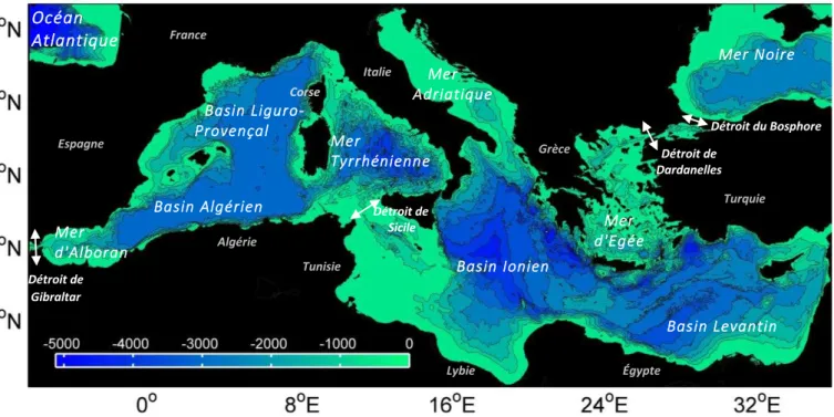 Figure 1. Carte bathymétrique de la mer Méditerranée. La nomenclature adaptée pour les différents  sous bassins est la même que celle rapportée dans  Bosse,  [2015]