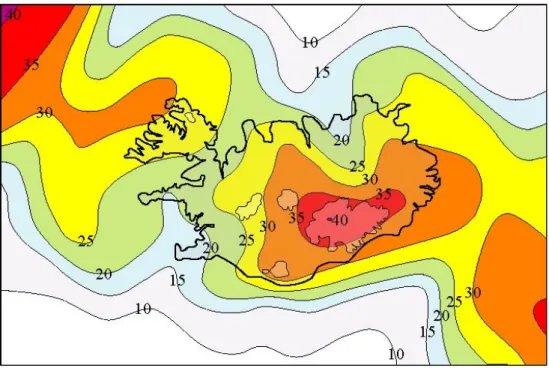 Figure 8 : variation d’épaisseur de la croûte en km  au niveau de l’Islande et des îles Féroé (simplifié  d’après kaban et al., 2002)