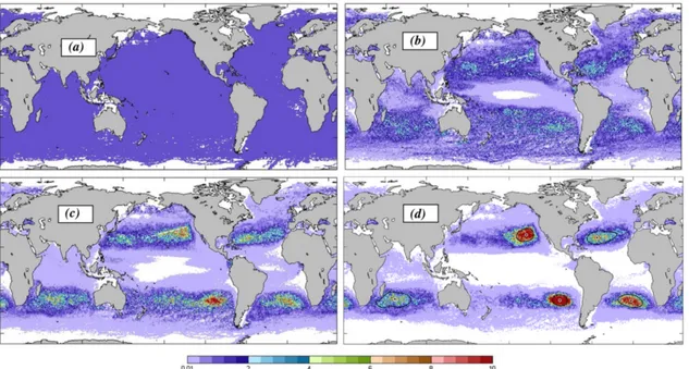 Figure 1.6 – Modélisation numérique du transport à grande échelle des déchets marins flottants montrant la distribution relative des déchets à l’état initial (a), et après 1 (b), 3 (c), et 10 ans d’advection (d)