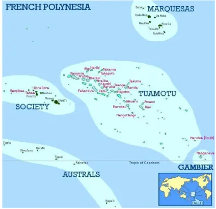 Figure II.1 : Carte de Polynésie Française montrant les cinq archipels :  Société, Tuamotu, Gambier, Australes et Marquises