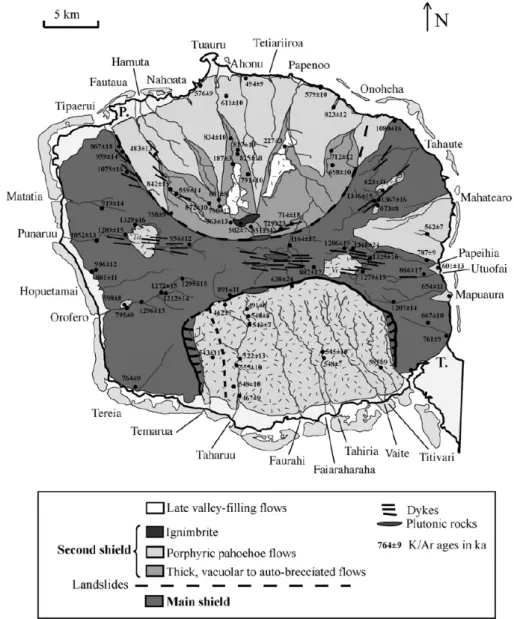 Figure II.3 : Carte géologique simplifiée de Tahiti montrant les principales unités volcano-structurales de  Tahiti-Nui
